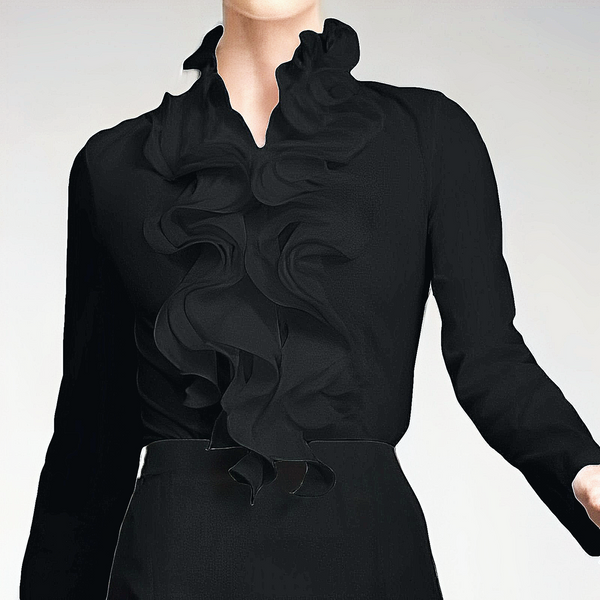Blouse femme sophistiquée à col montant volanté, manches longues, parfaite pour un look habillé ou décontracté.