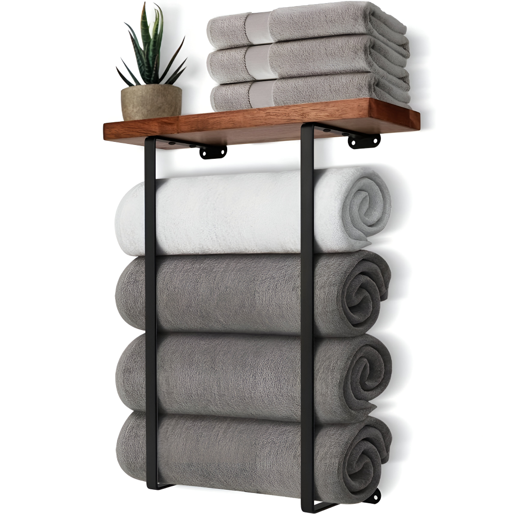 Porte-serviettes mural double NordLine Duo en bois et métal, élégant pour salle de bain moderne.