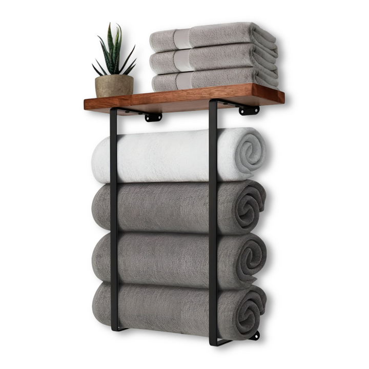 Élégant porte-serviettes mural double NordLine Duo en bois et métal, optimise le rangement de votre salle de bain.