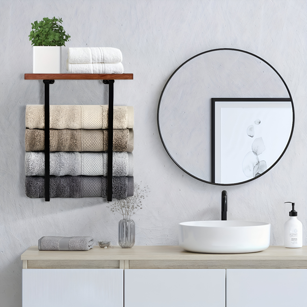 Détail du porte-serviettes NordLine Duo, combinant bois naturel et métal noir mat, design moderne.