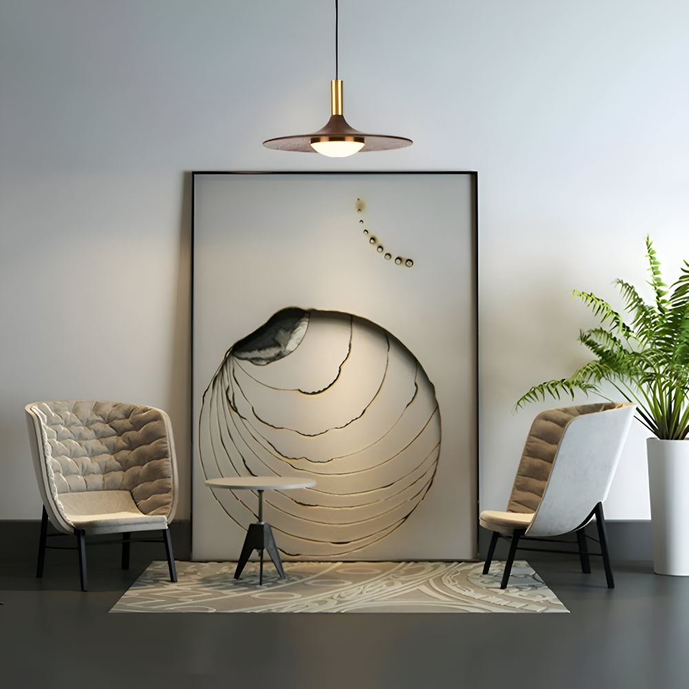 Luminaire LED nordique suspendu, design rond discret, parfait pour une ambiance moderne.