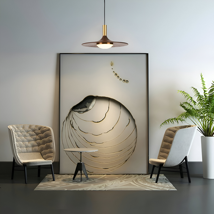 Luminaire LED nordique suspendu, design rond discret, parfait pour une ambiance moderne.