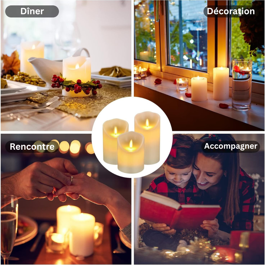Bougies LED en verre transparent, effet flamme réaliste, créant une ambiance élégante et sereine avec télécommande.
