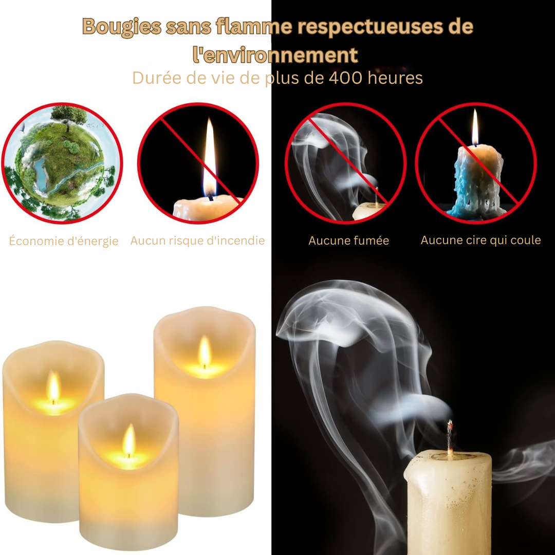 Gros plan sur bougie LED en verre LuxeGlow, flamme scintillante réaliste, idéale pour décorations intérieures.