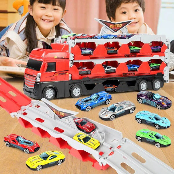 Camion jouet MegaTransporter avec remorque et 8 voitures miniatures, parfait pour les enfants.