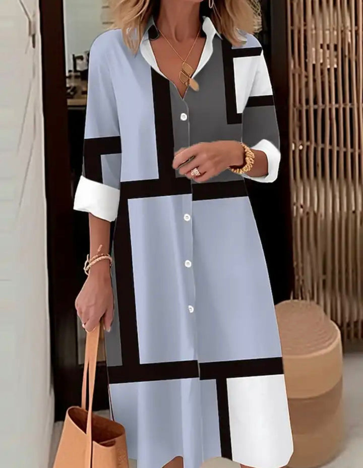 Robe fluide chic pour femme, motif géométrique moderne. Tenue décontractée ou bureau, mode été.