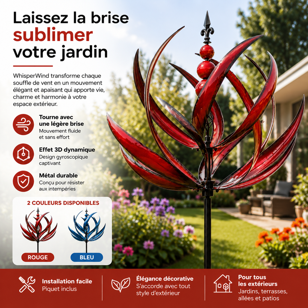 Magnifique moulin à vent de jardin "WhisperWind", art cinétique pour extérieur, apporte sérénité visuelle et couleur.