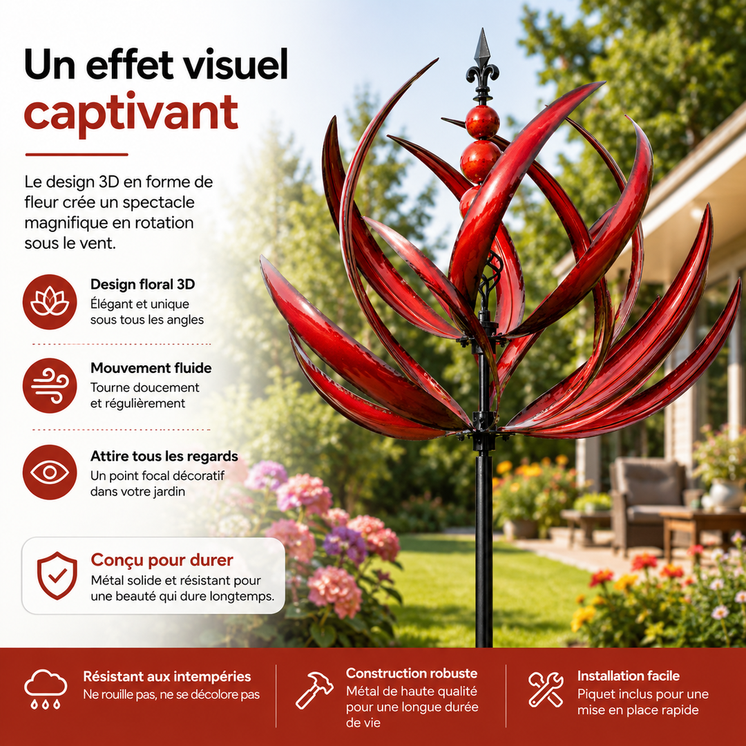 Décoration jardin "WhisperWind": moulin à vent cinétique rouge et bleu, parfait pour terrasse et patio.