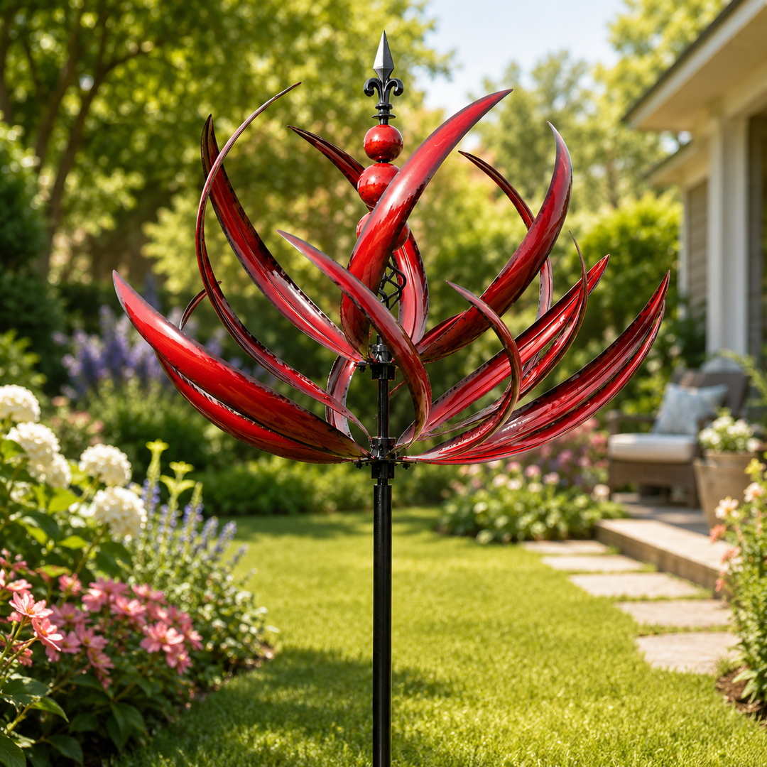 Idée cadeau jardinier: moulin à vent décoratif "WhisperWind", objet d'art cinétique pour embellir tout jardin.