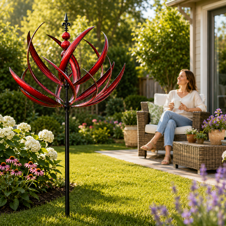 Art cinétique "WhisperWind" pour jardin: moulin à vent extérieur créant une ambiance apaisante, design unique.
