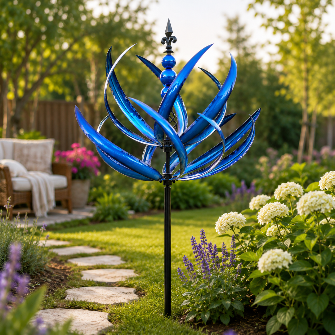 Moulin à vent "WhisperWind" pour jardin, crée une sérénité visuelle. Décoration extérieure rouge et bleue vibrante.
