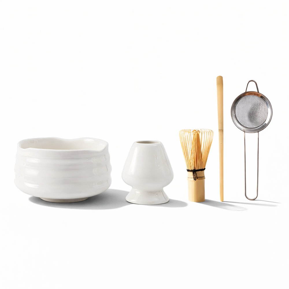 Set de cérémonie matcha 5 pièces complet avec bol chawan, fouet chasen, support, passoire. Idéal rituel thé.