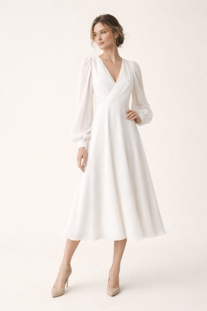Robe midi blanche femme Elsa, col V et manches longues, élégante pour cérémonie, mariage ou soirée.