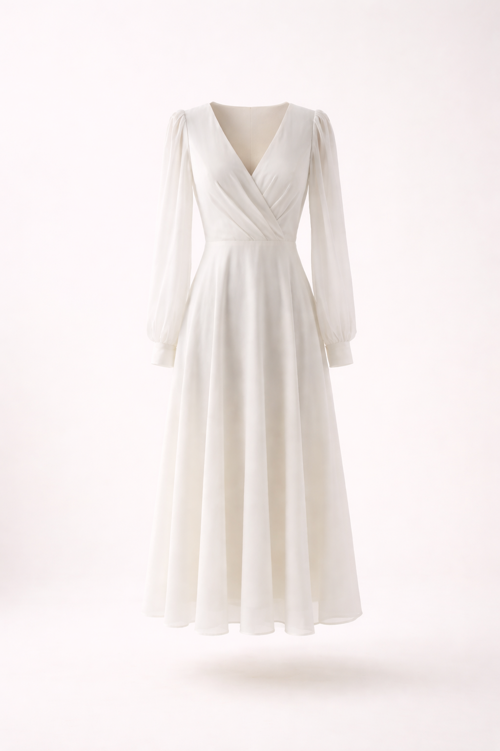 Robe de cérémonie midi femme blanche Elsa, col V et manches longues. Idéale pour un mariage ou événement chic.