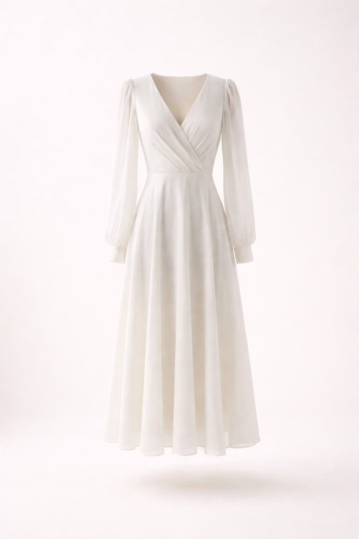 Robe de cérémonie midi femme blanche Elsa, col V et manches longues. Idéale pour un mariage ou événement chic.