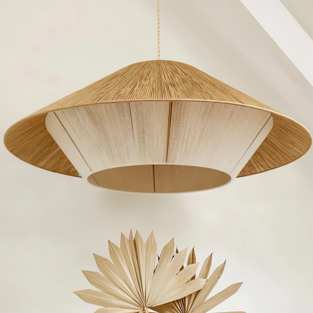 Élégante lampe suspension style japonais. Wabi-Sabi, lumière LED. Parfait pour une ambiance zen et une déco moderne.