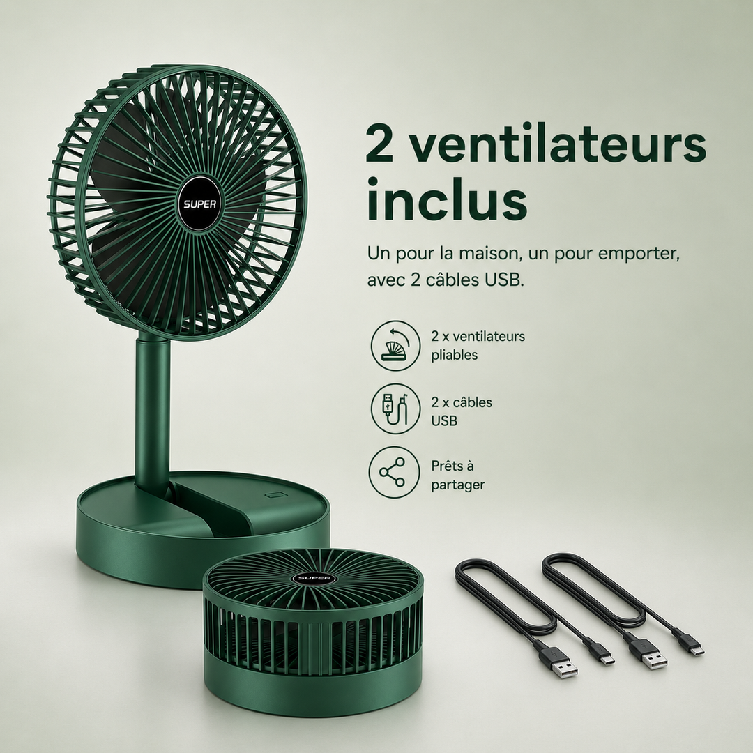 Ventilateur USB pliable sur table, assurant un flux d'air rafraîchissant pour l'été.