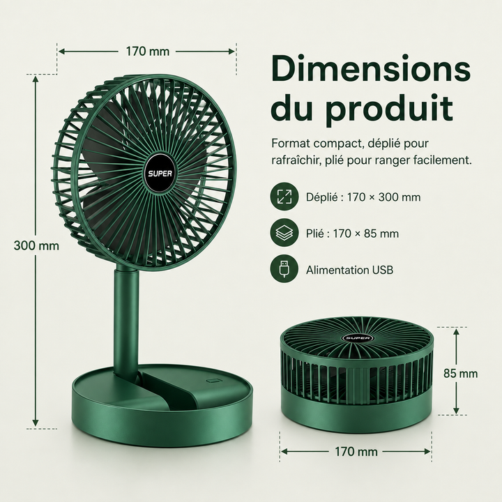 Ventilateur pliable idéal pour voyage, compact et essentiel pour les chaudes journées d'été.