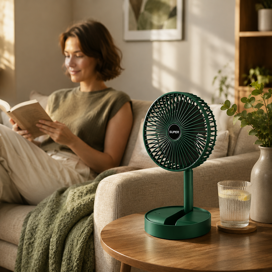 Ventilateur portable avec longue autonomie, parfait pour l'extérieur et les activités estivales.