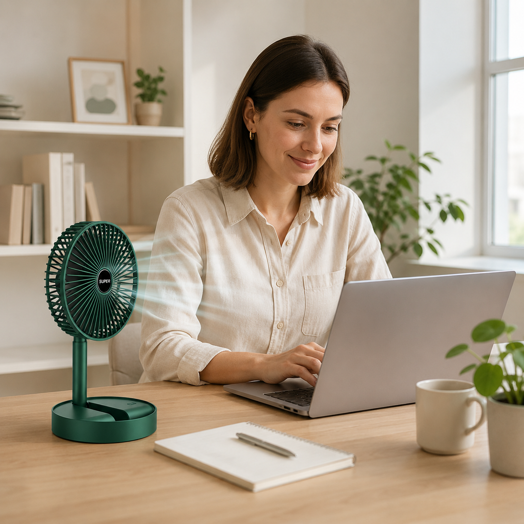 Gros plan sur le port de chargement USB du ventilateur, pour une recharge facile et universelle.