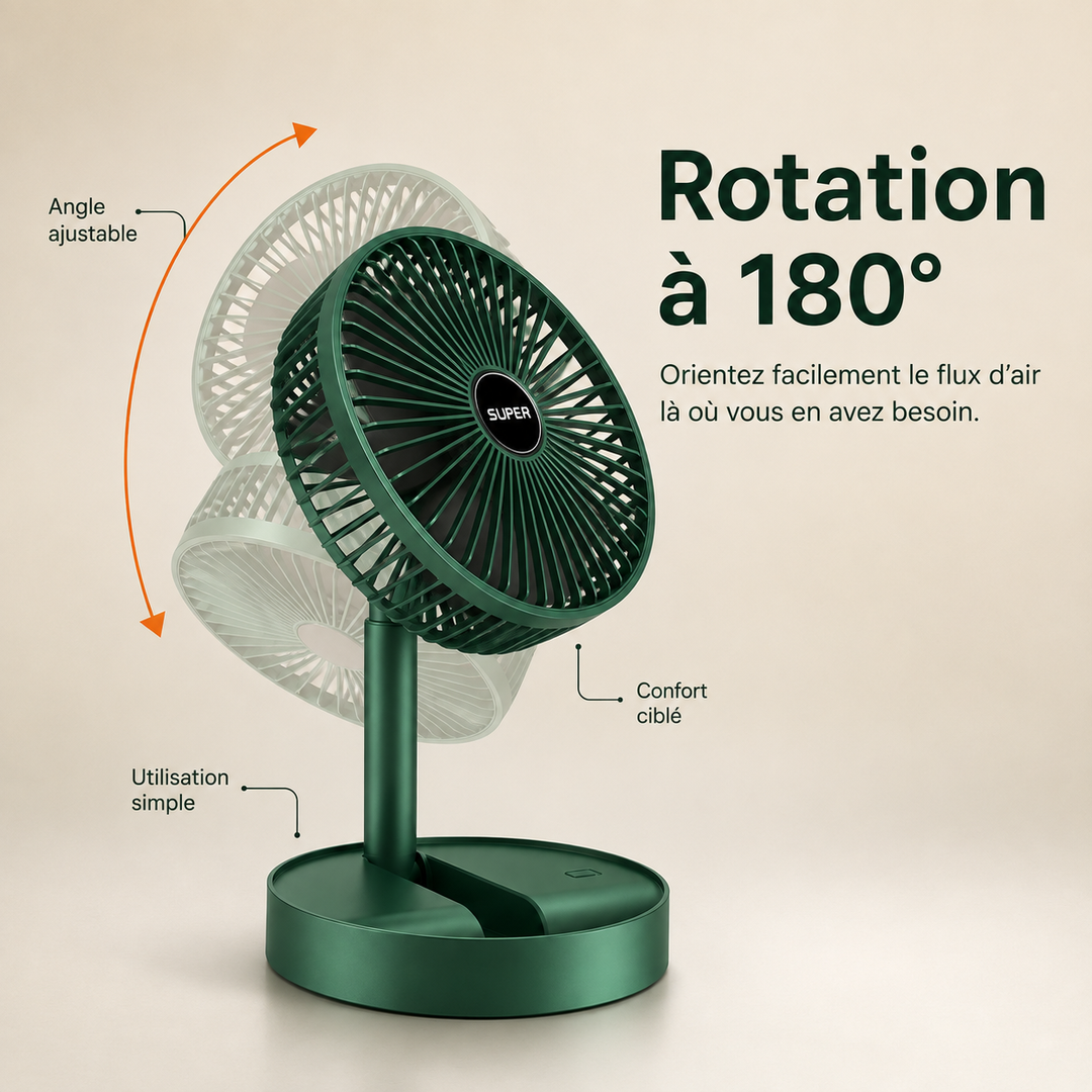 Détail du ventilateur portable, grille de protection et commandes intuitives.
