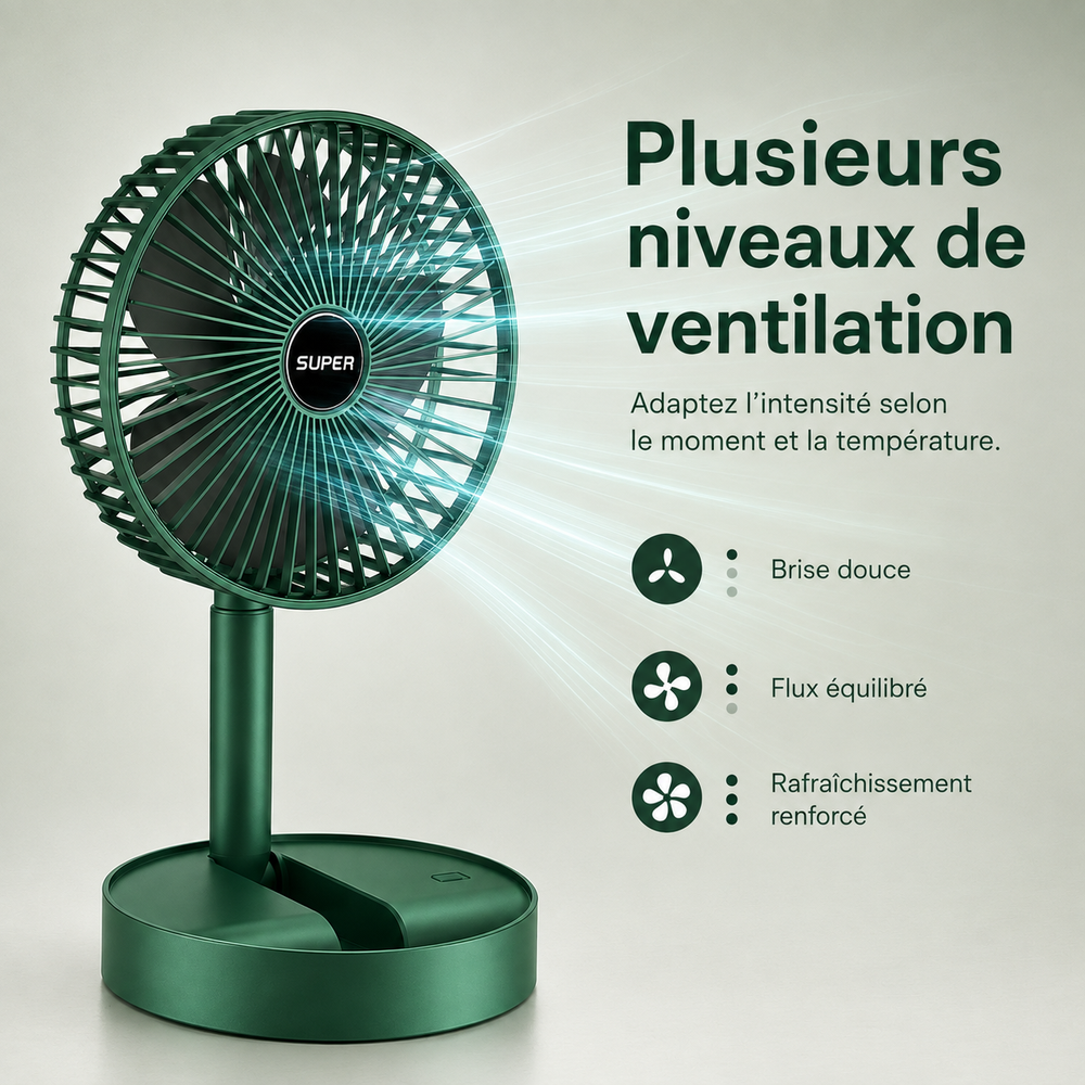 Ventilateur rechargeable compact, offrant une fraîcheur discrète et efficace partout.