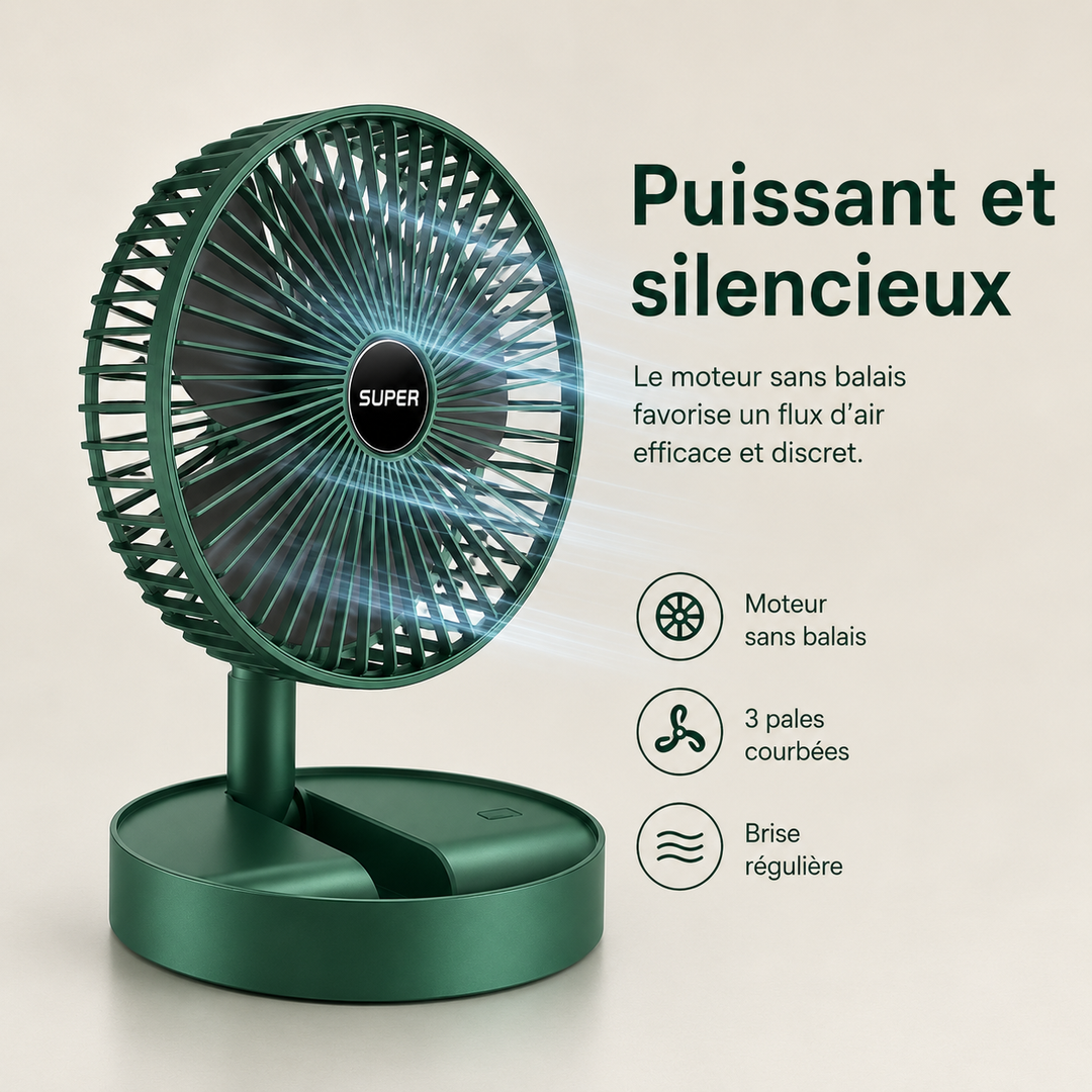 Vue de face du ventilateur portable pliable, design moderne pour une ventilation optimale.