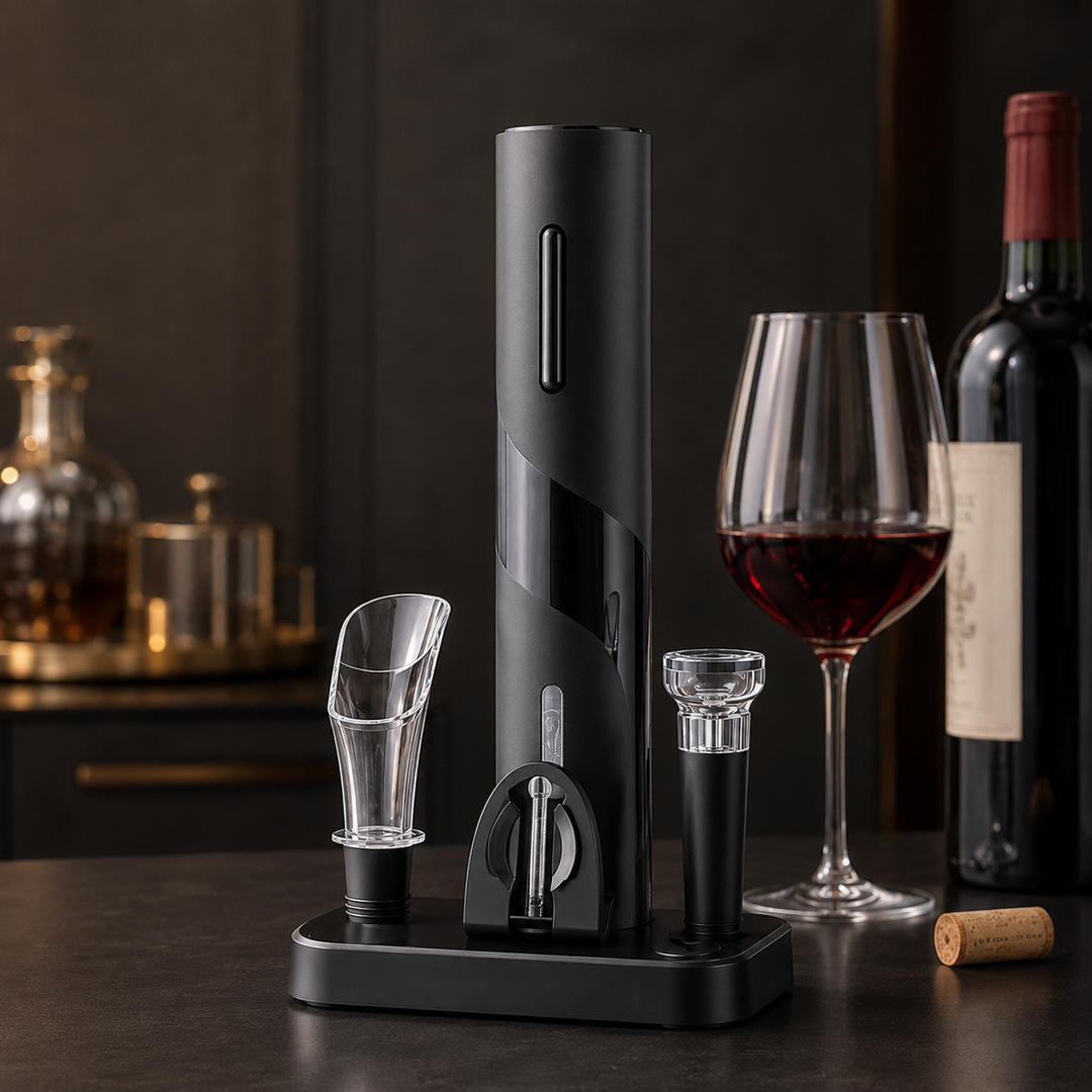 Solution sommelier WineSavvy : ouvre-bouteille électrique, bouchon sous vide et coupe-capsule.