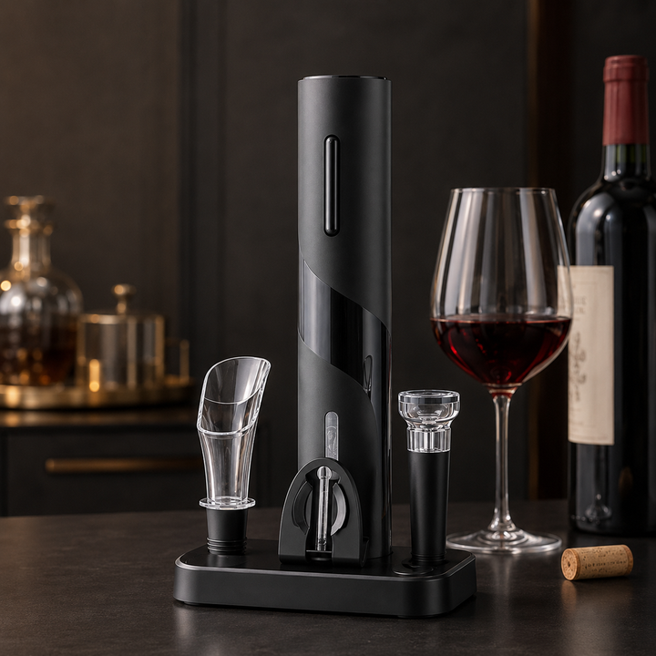 Solution sommelier WineSavvy : ouvre-bouteille électrique, bouchon sous vide et coupe-capsule.