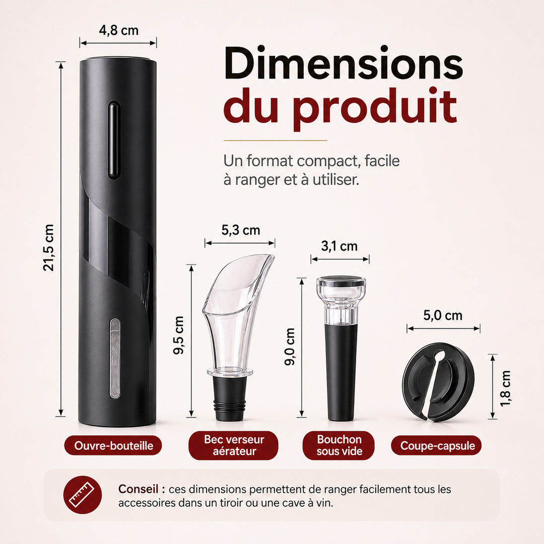 Coffret cadeau vin WineSavvy : ouvre-bouteille électrique, coupe-capsule et aérateur.