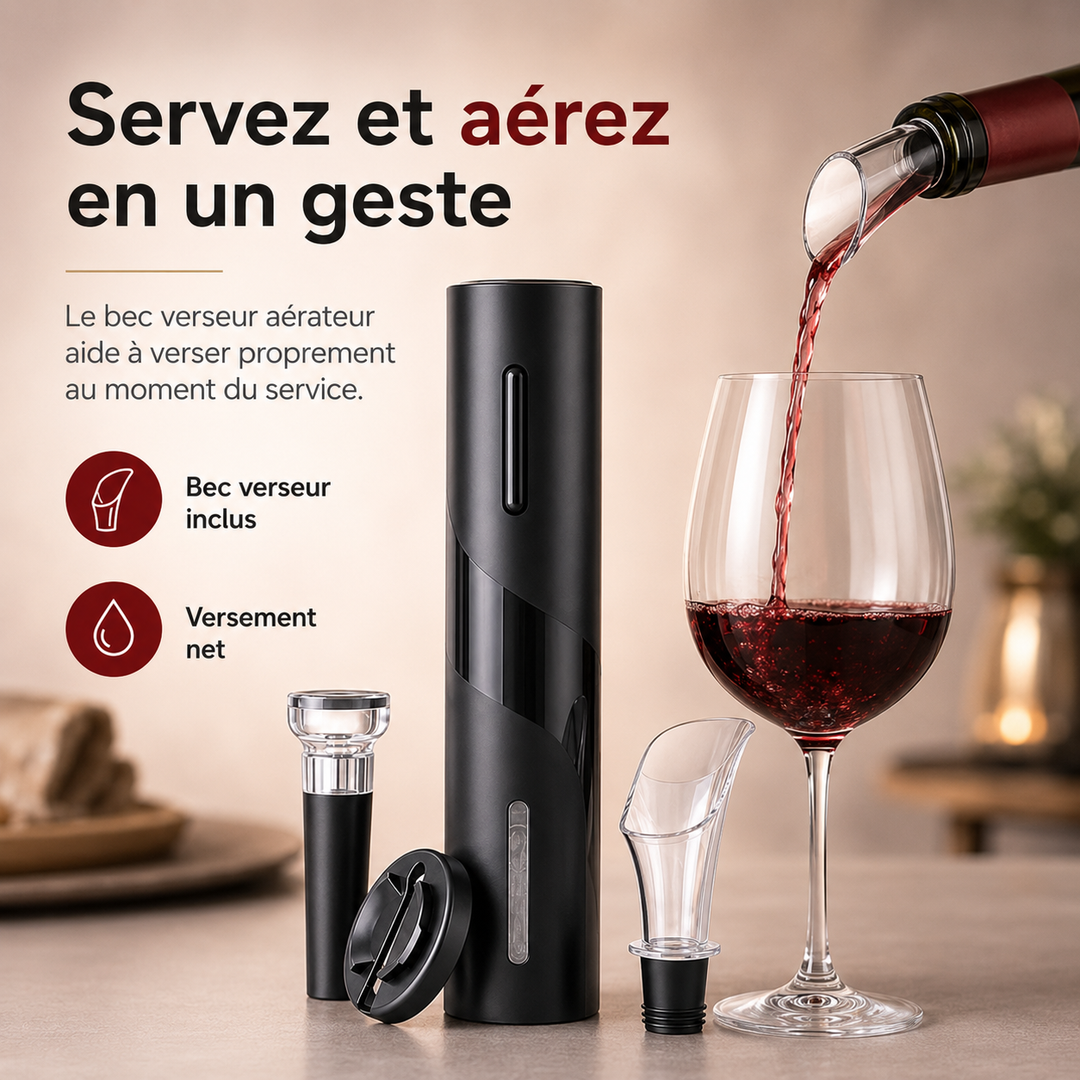 Ouvre-bouteille électrique WineSavvy argenté sur sa station de charge, élégant pour la cuisine.