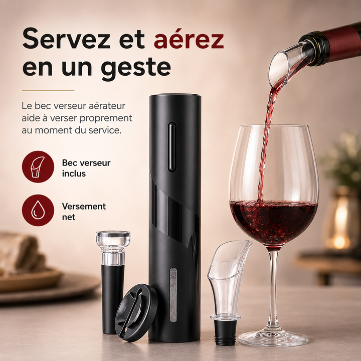 Ouvre-bouteille électrique WineSavvy argenté sur sa station de charge, élégant pour la cuisine.