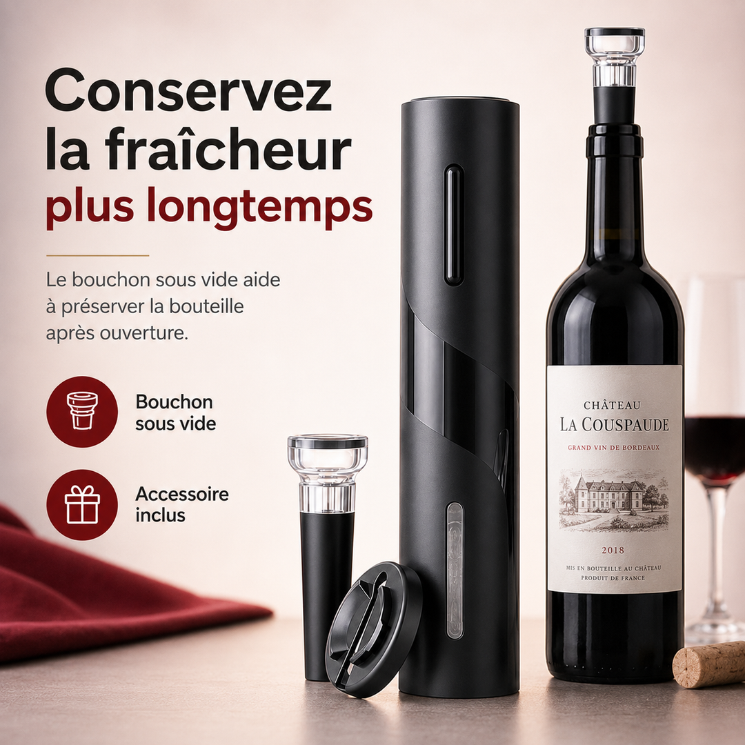 Kit d'accessoires vin WineSavvy : ouvre-bouteille électrique, aérateur, bouchon sous vide.