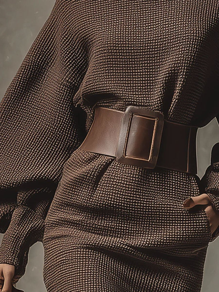 Vêtement femme: robe courte tricotée confortable marron avec ceinture, essentiel mode élégant.