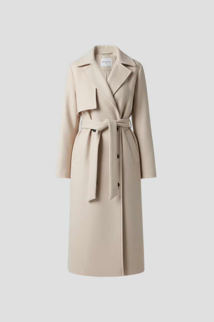 Chic manteau long femme double boutonnage. Ceinture ajustée, parfait pour une mode hivernale élégante et classique.