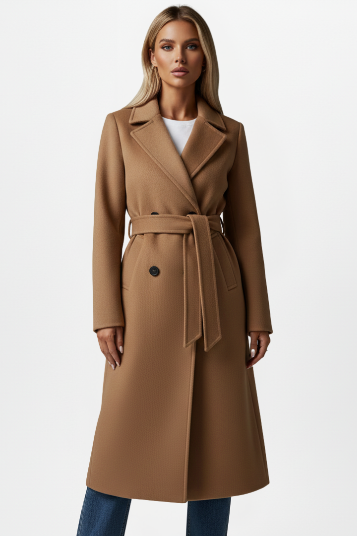 Vêtement extérieur femme : Manteau long élégant, double boutonnage, ceinture. Mode féminine chic pour hiver/automne.