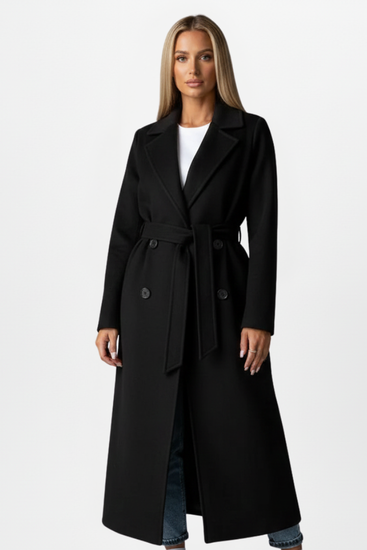 Manteau long femme élégant, style croisé ceinturé. Parfait pour une allure chic et intemporelle en automne-hiver.