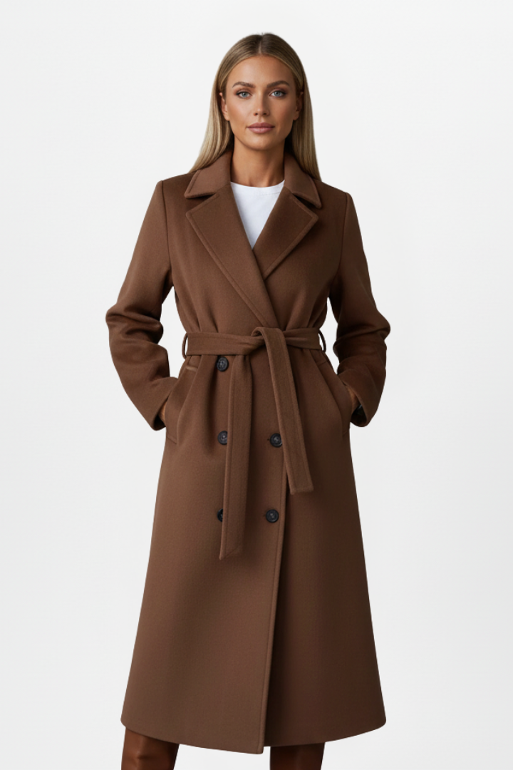 Manteau long femme chic, avec ceinture et double boutonnage. Idéal pour un look élégant en hiver ou à l'automne.