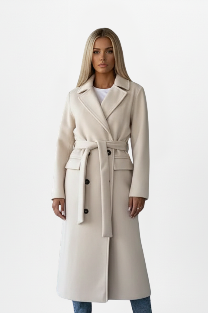Manteau long femme élégant, croisé avec ceinture. Idéal pour look chic d'hiver/automne. Vêtement extérieur intemporel.
