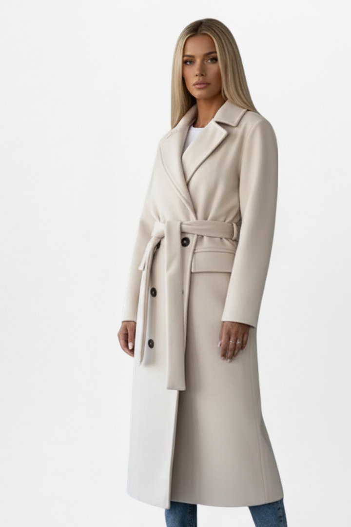 Élégant manteau long femme ceinturé, style croisé. Idéal pour l'automne et l'hiver, vêtement extérieur mode féminine.