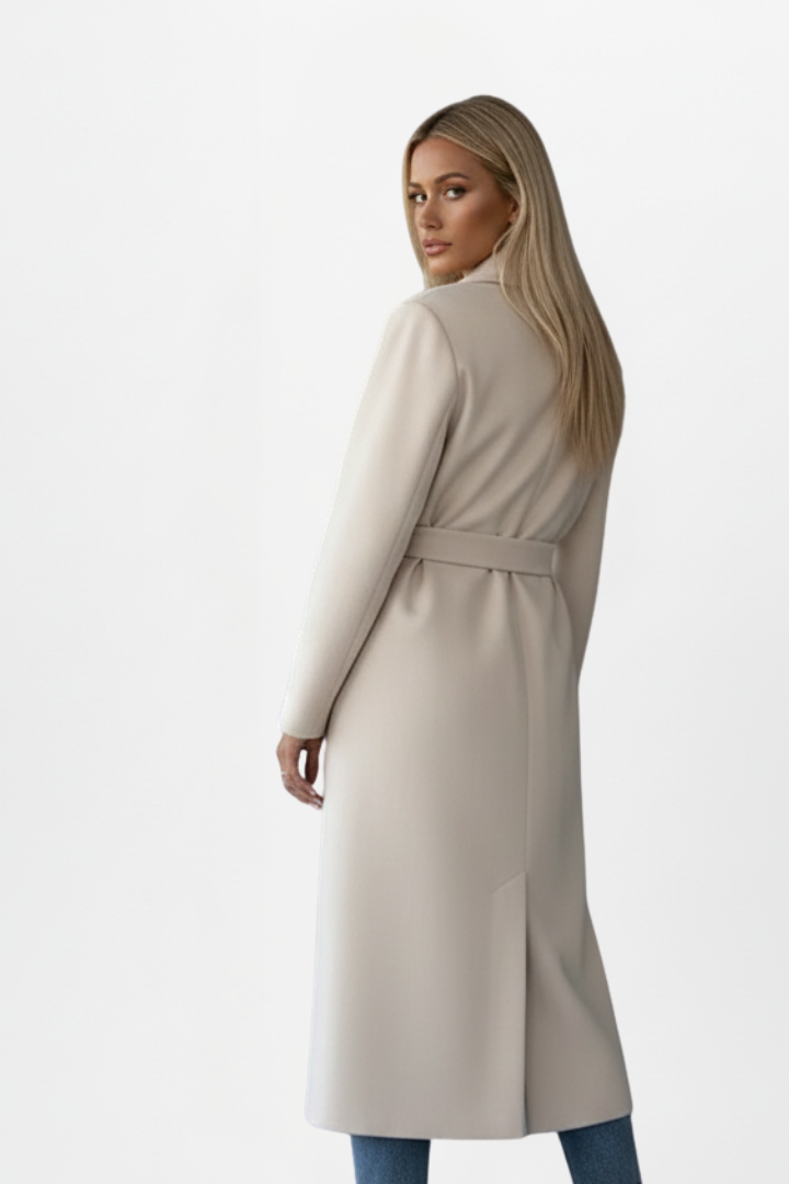 Manteau long femme classique chic. Double boutonnage et ceinture, parfait pour la mode féminine élégante hiver/automne.