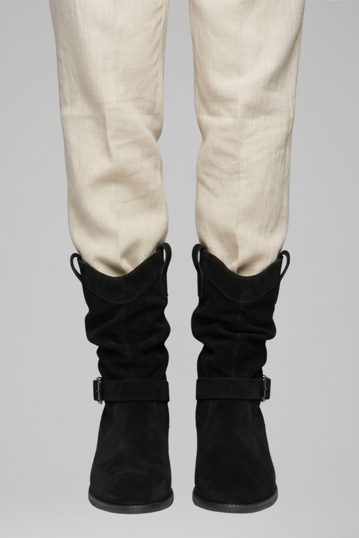Bottes femmes confortables mi-mollet, design élégant avec talon carré et fermeture éclair, idéales pour l'hiver.