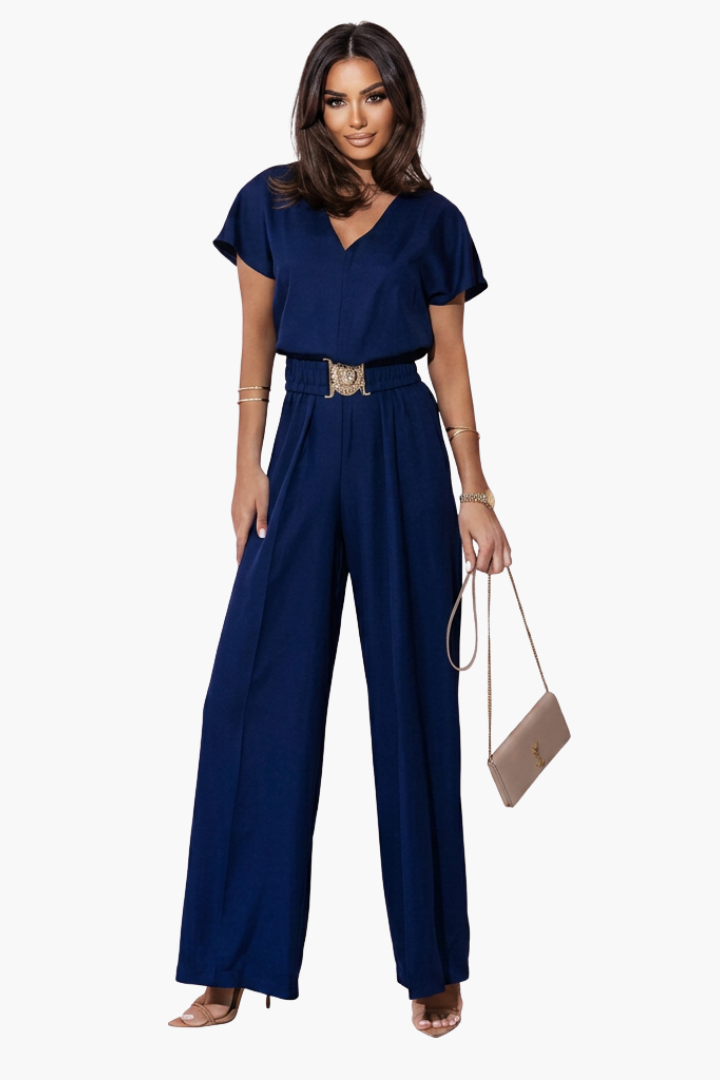 Combinaison pantalon femme fluide décontractée à col V, ceinture chic, parfaite printemps/été.