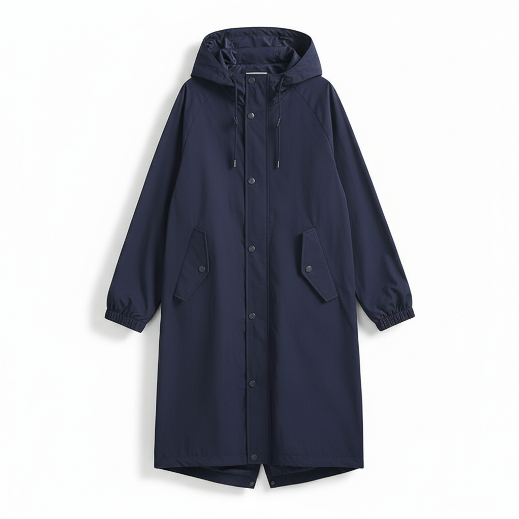 Élégante veste de pluie longue femme, imperméable et respirante, avec capuche, pour un look casual extérieur.