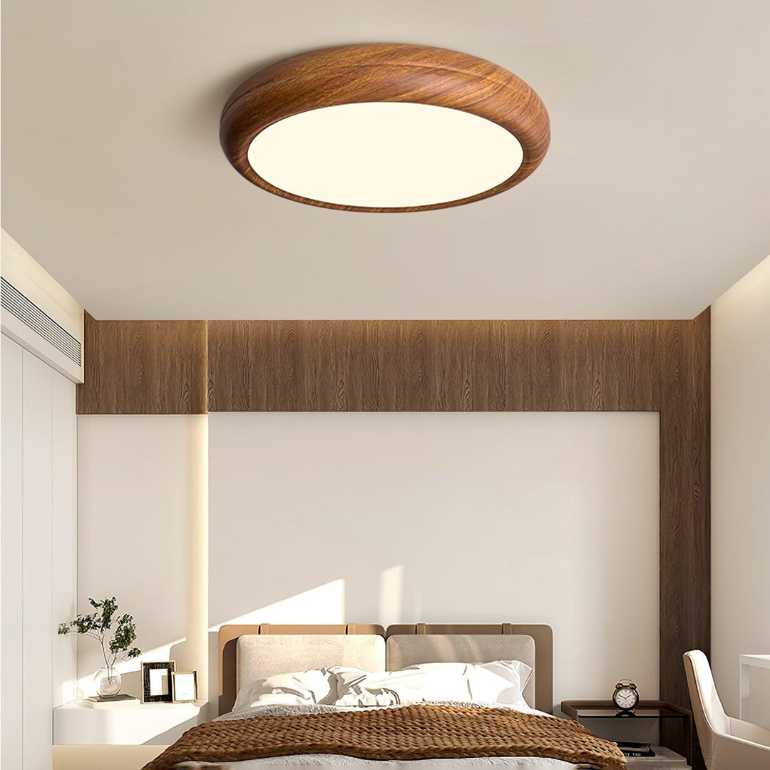 Lampe de plafond LED ronde, bois scandinave, idéale chambre ou salon.
