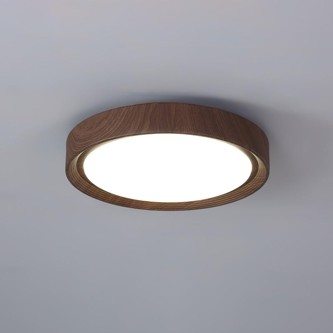 Plafonnier LED circulaire, aspect bois, décoration nordique.