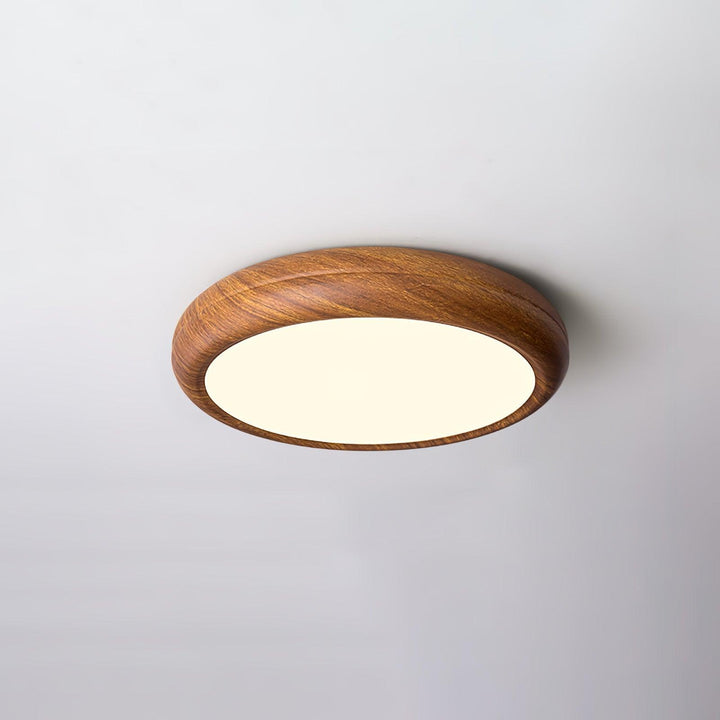 Lampe de plafond LED ronde, style nordique bois, lumière douce.