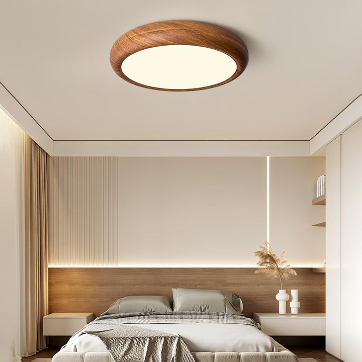 Lampe de plafond LED circulaire, cadre bois, style nordique épuré.