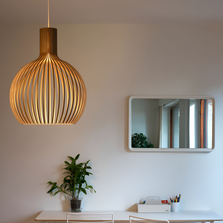Luminaire suspendu design en bois, style cage, idéal pour salon contemporain. Éclairage d'ambiance.