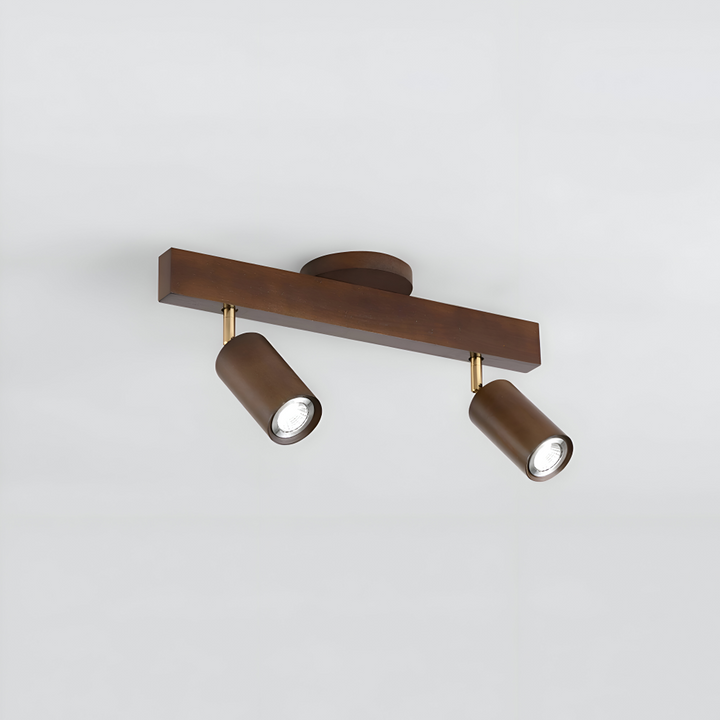 Spot de plafond LED NordBeam en bois clair et métal, design épuré, éclairage d'ambiance ajustable.